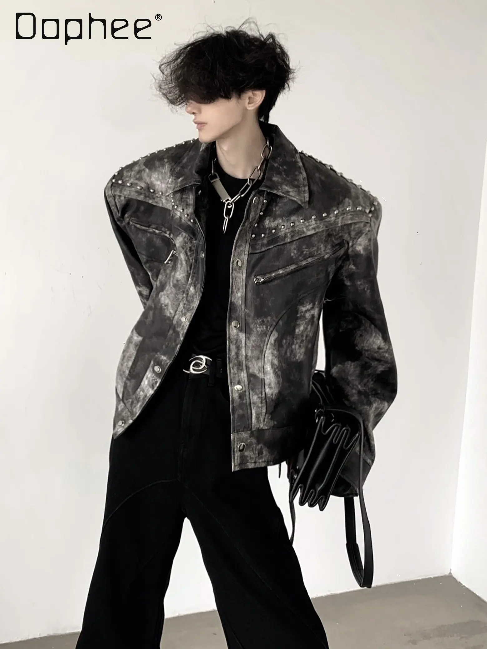 

Spring and Autumn New American Retro Punk Rivet Design Men's Motorcycle Black Loose Casual Faux Leather Jacket