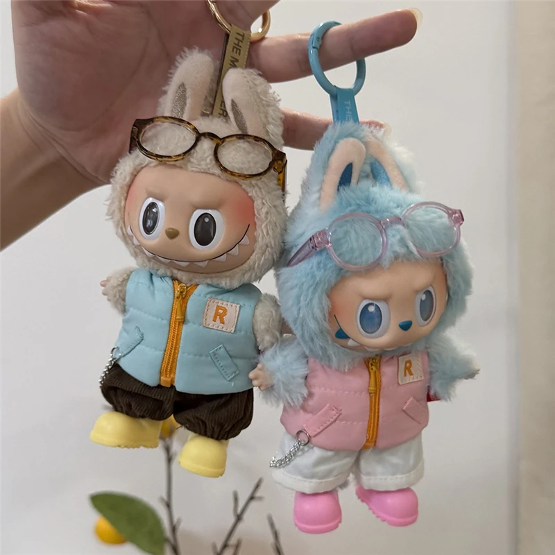 Kurtki puchowe dla lalek Labubu 15-17 cm, odzież narciarska laserowa, modne ubrania, zimowa kamizelka puchowa z jeansami, buty, kompletny zestaw ubrań.