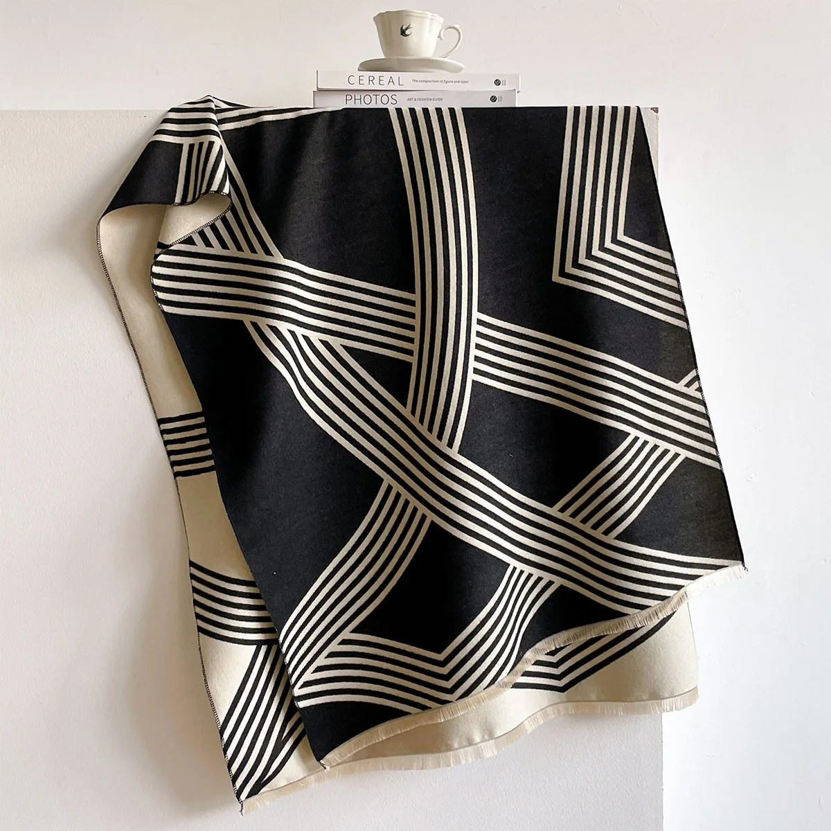 Winter High Grade Faux Cashmere Shawl Women Black Vintage Minimal Interlaced Line Motif Thick Cozy Warm Large Wrap Scarf
