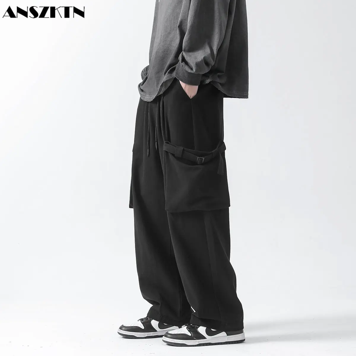 

ANSZKTN Burst wide leg mopping pants new spring and summer men's large pocket tooling straight loose function casual pants