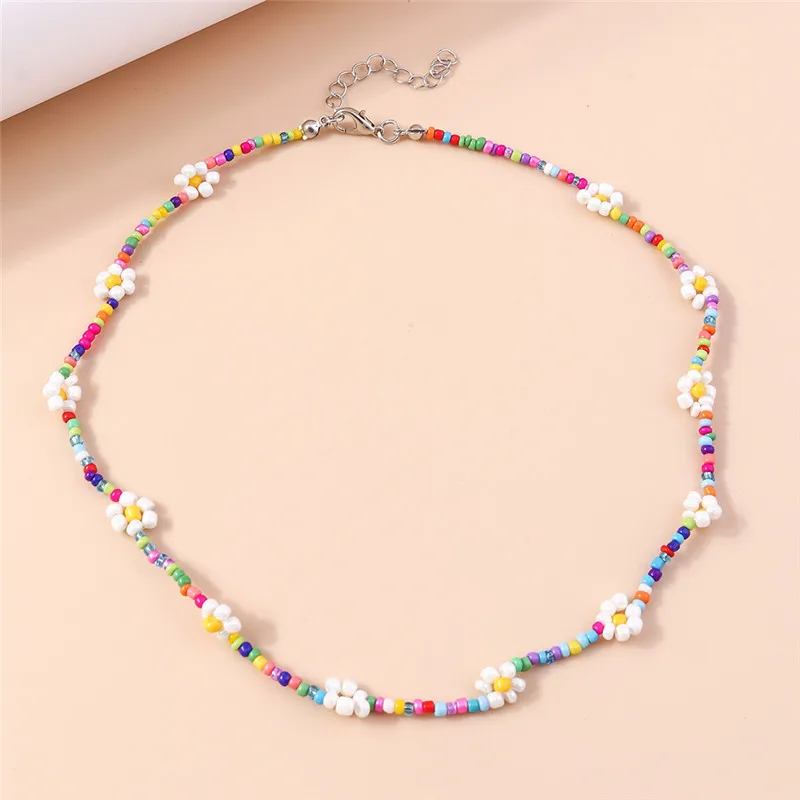 Aihua Bohemia Colorful Seed Bead Flowers Necklace For Women Kids Friendship Necklace Ethnic Beach Party Gifts