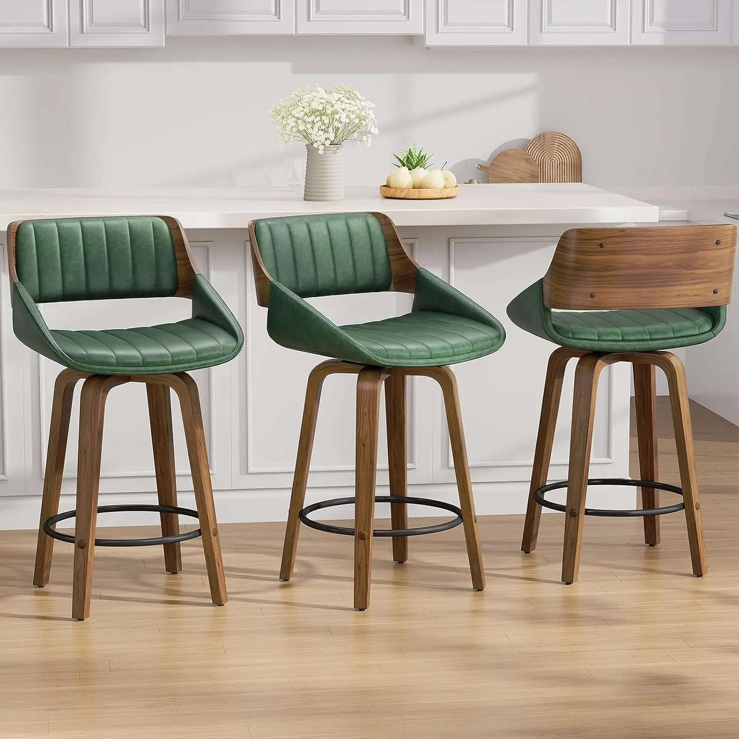 

Bar Stools Set of 3, 26' Swivel Counter Height Barstools with Walnut Bentwood Back and Legs, Mid