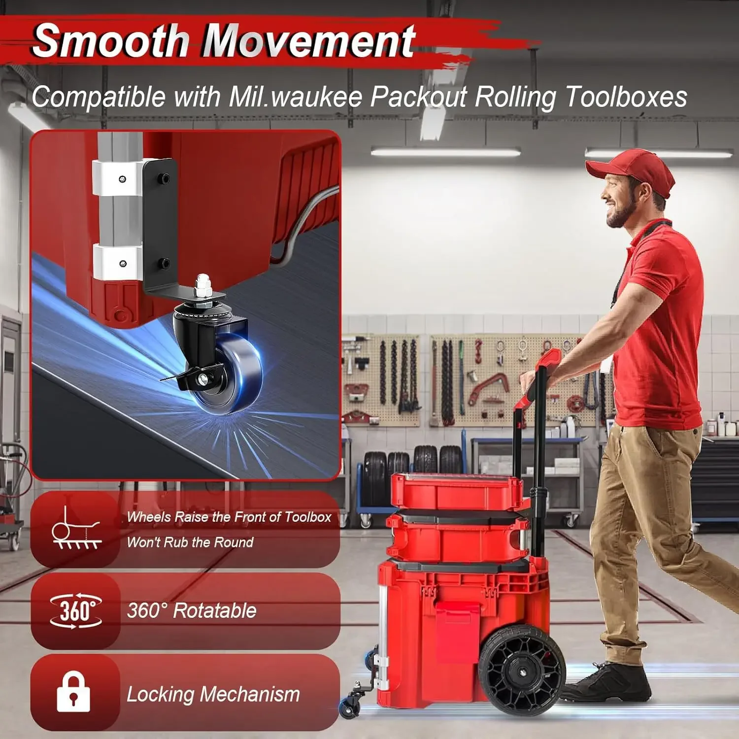 2pcs Upgraded 360° Dual Front Wheels Packout Wheel Compatible with Mil.waukee Packout Rolling Toolboxes, 200 Lbs Capacity