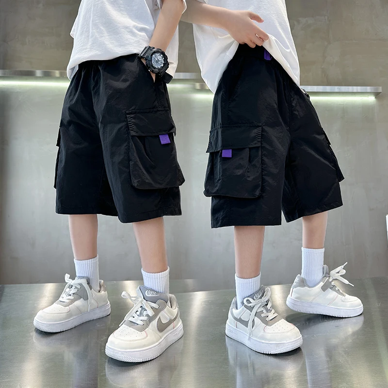 Elegant Kids Black Purple Color Cargo Short with Big Pocket for Teens Boy Casual Short Cargo Pants Tweens Child Summer Bottoms