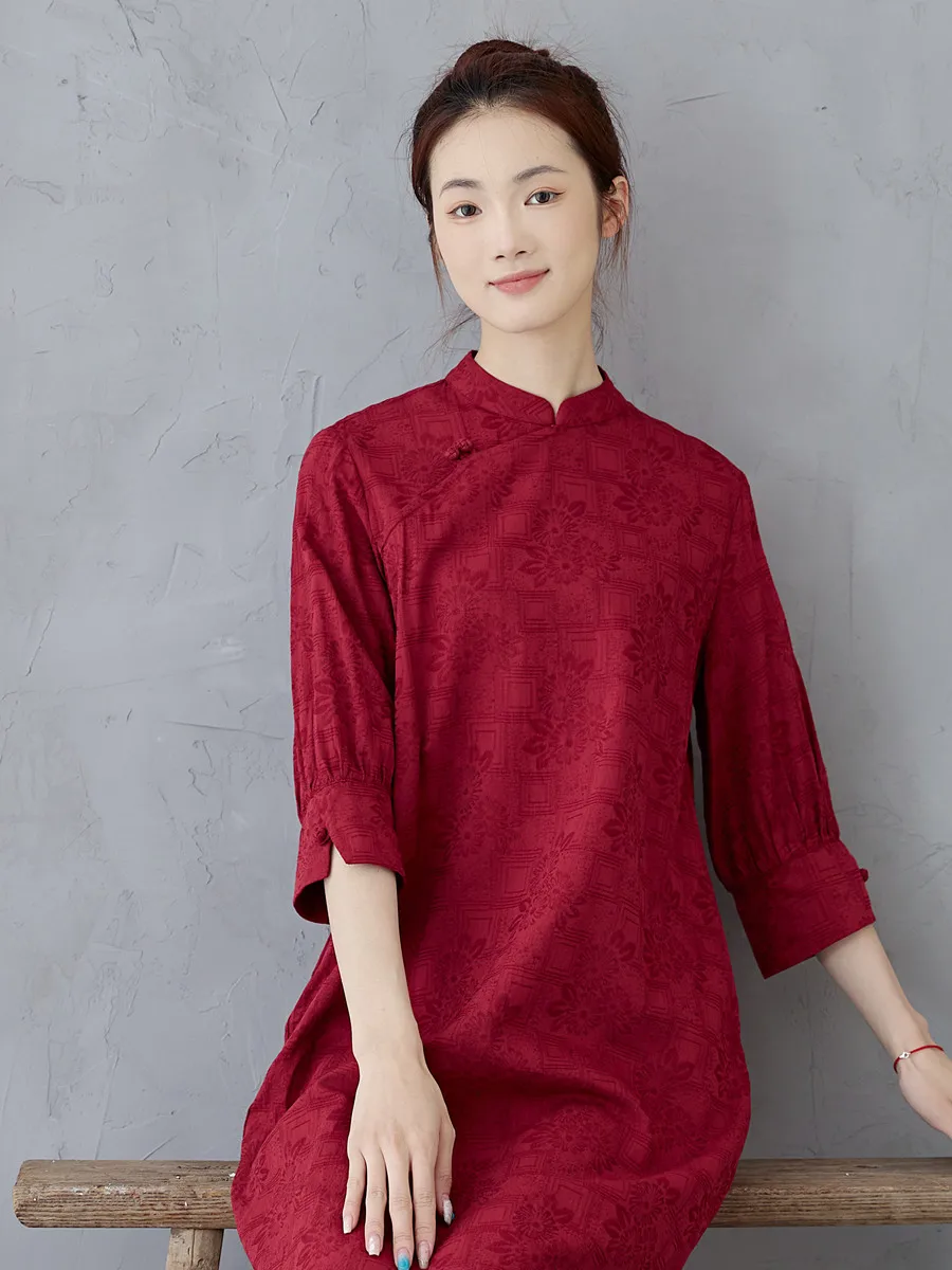 

Элегантное платье из хлопка и льна цвета красного вина с рукавами-фонариками и пуговицами для женщин, оригинальный дизайн, на каждый день, лето