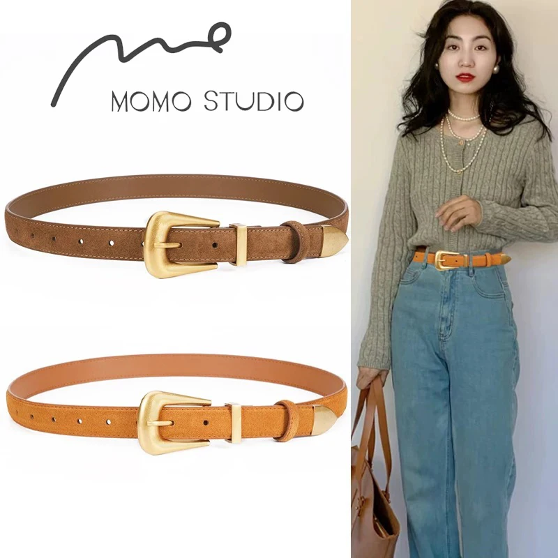 Vintage Western Belt for Women Suede Cowhide Skinny Belts Fashion Genuine Leather Belt Gold/Sliver Buckle  Belts for Jeans Pants