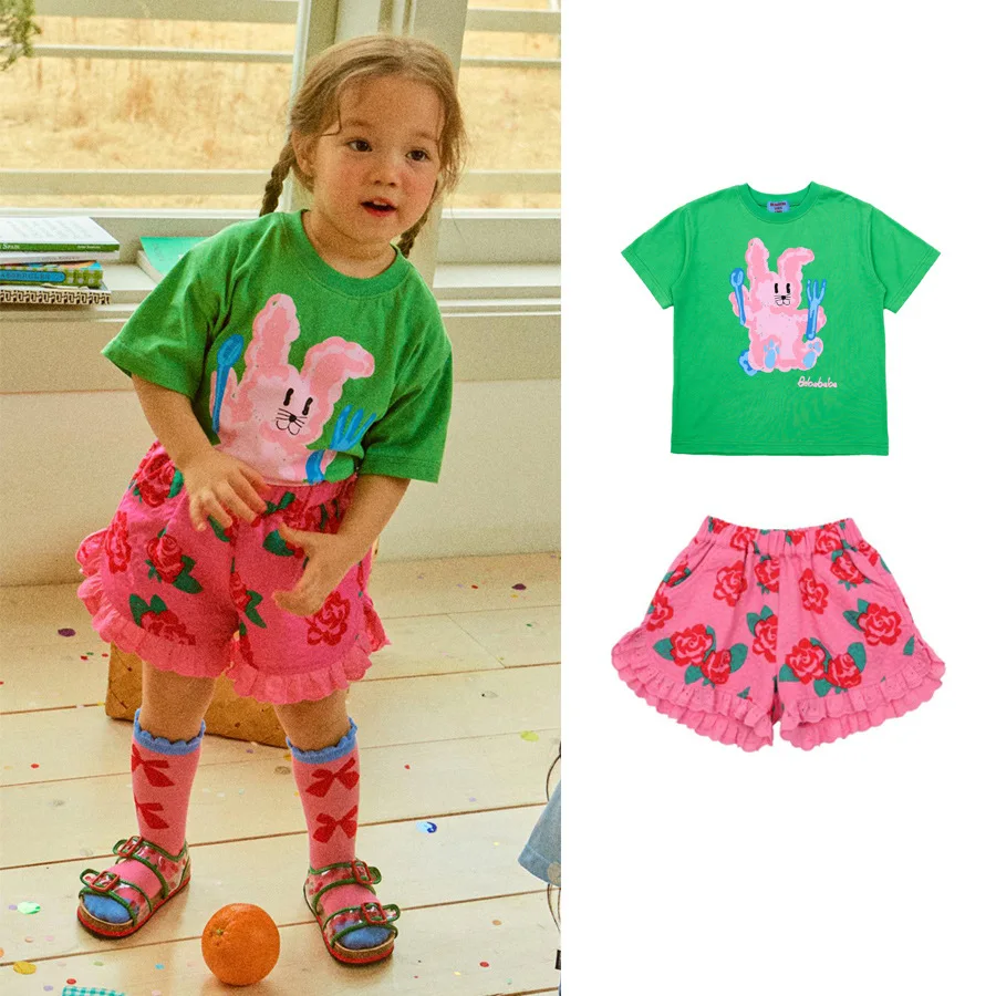 

Spot BEBEBEBE 2022 Cute Green Rabbit T-shirt and Printed Shorts for Boys and Girls kids clothes girls