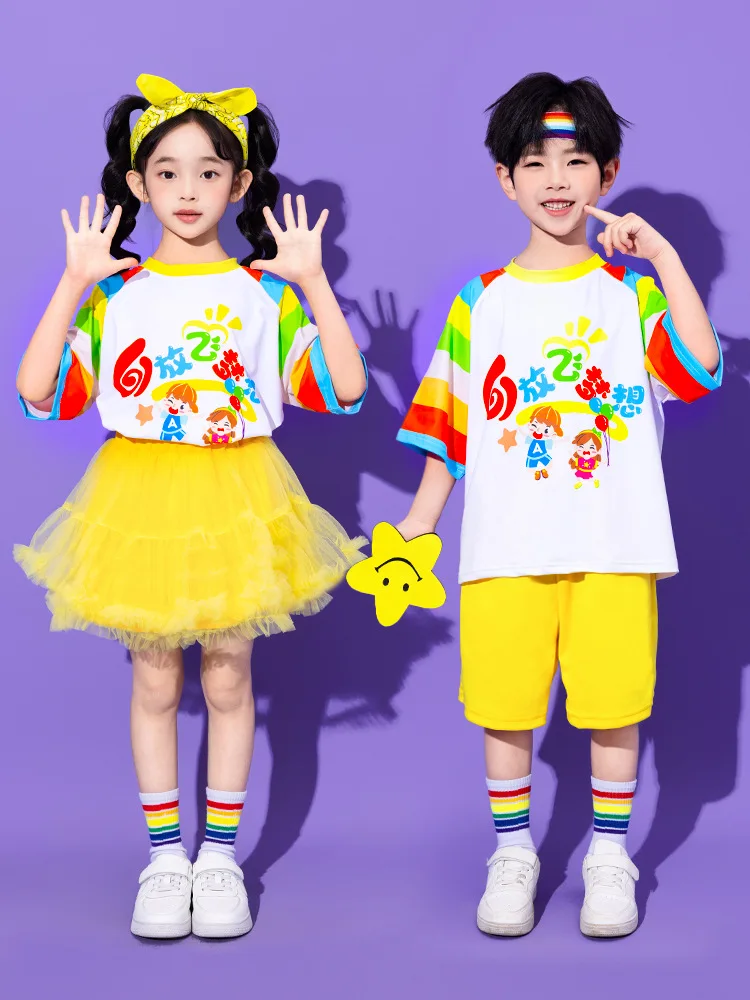 

Children Summer School Uniform Girls Sweet Rainbow Striped Skirts Boys Color Blocking T-shirt Shorts Kids Mamianqun Clothes Sets