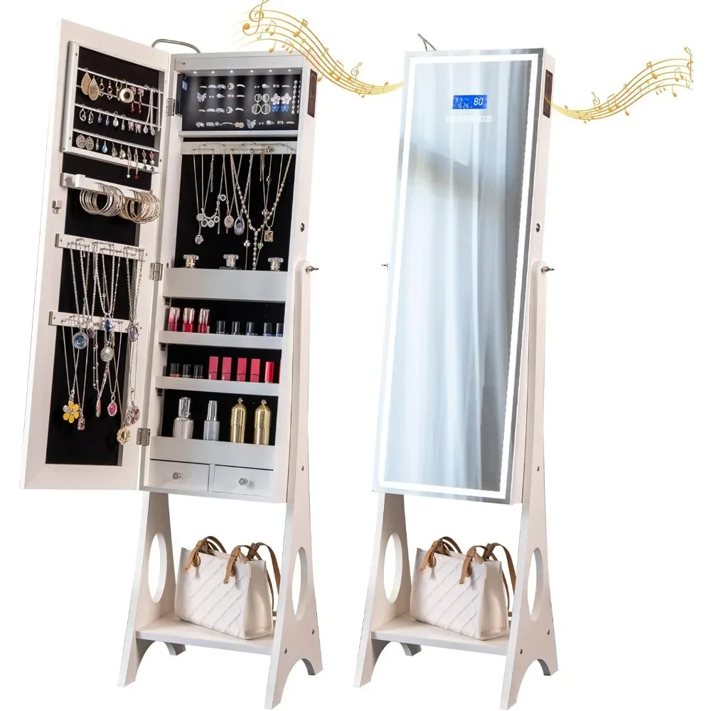 

Upgraded Jewelry Armoire Organizer with Bluetooth Speaker, Stand Jewelry Cabinet with Lighted Full Length Mirror White