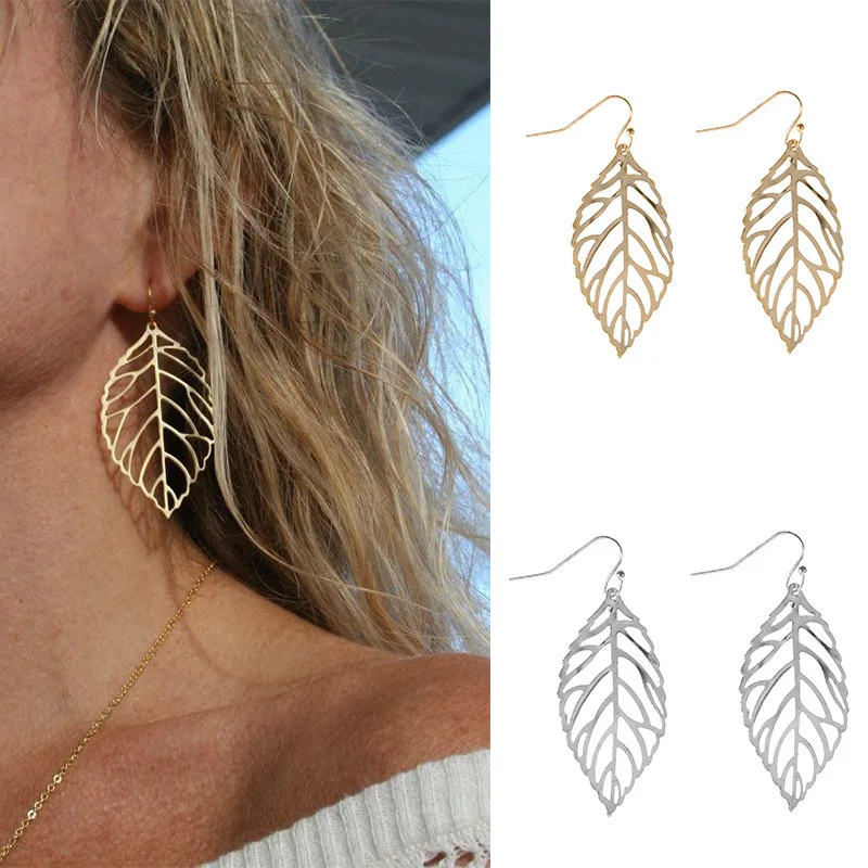 Hollow Out Leaf Drop Earrings for Women Trendy Metal Hook Earrings Vintage Golden Silver Color Dangle Earrings Brief Jewelry