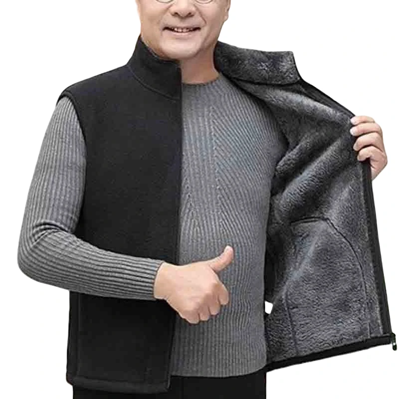 

Winter Fleece Coat Vest New Thickened Warm Stand Collar Middle Aged Elderly Men Autumn Solid Fashion Casual Sleeveless Jackets