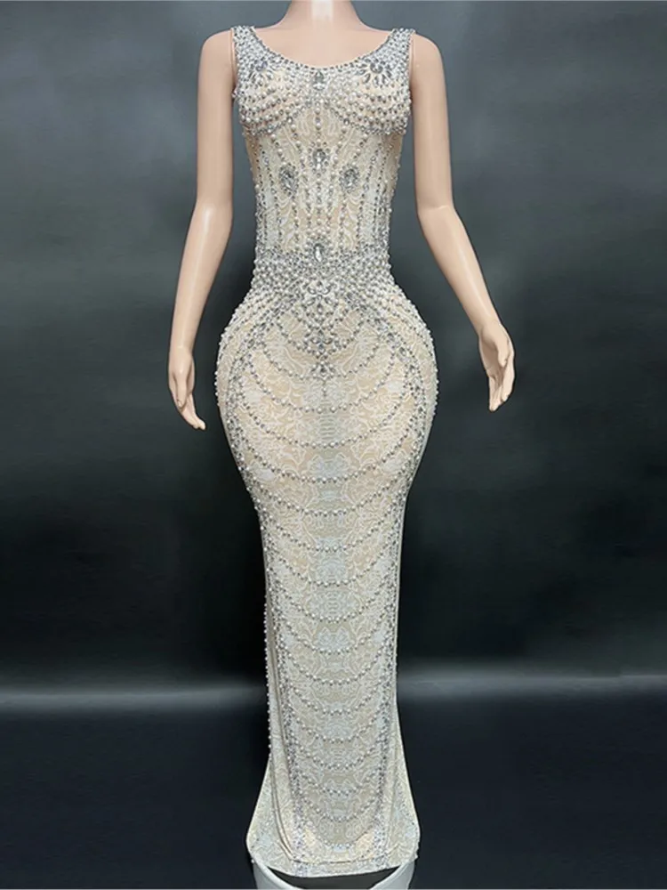 

White Sparkling Diamond Pearl Backless Deep Round Neck Sleeveless Elegant Slim Prom Dress