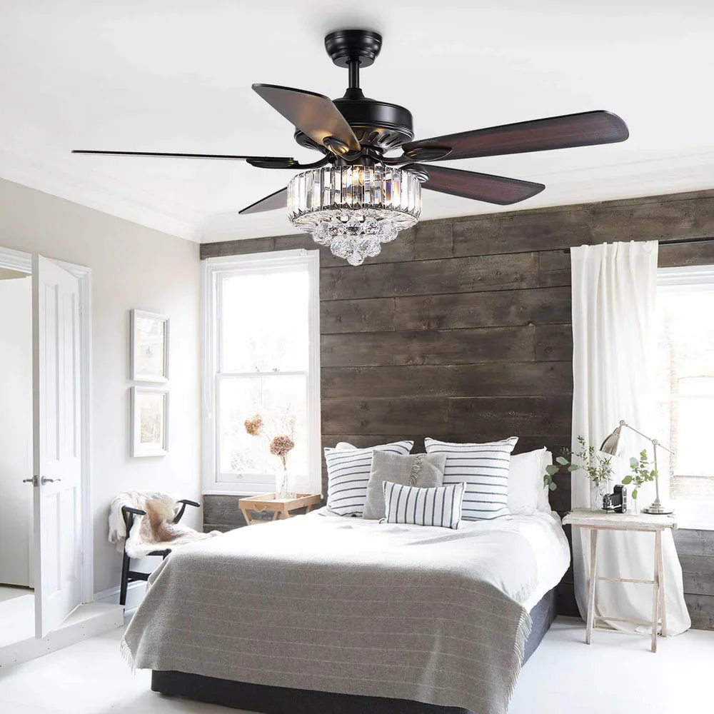 

52" Matte Black Crystal Chandelier 120V LED Warm White 360 Beam Angle Ceiling Fan Blades Pendant Light Fixture Remote Control
