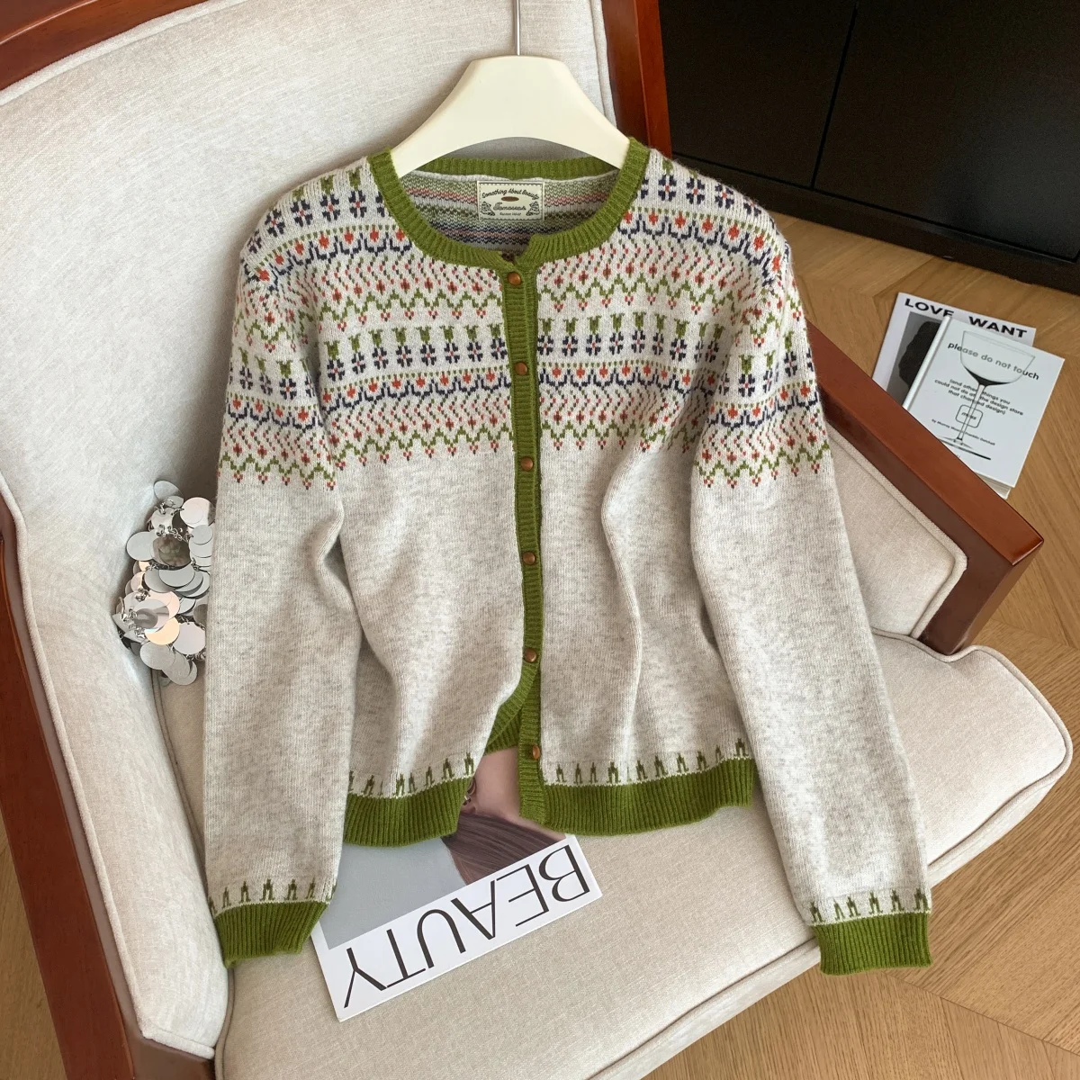 

Women Green Cardigan Cozy Sweater Vintage 2000s Y2k O-Neck Jumper Knitwear Long Sleeves Fair Isle Sweater Autumn Winter Clothes