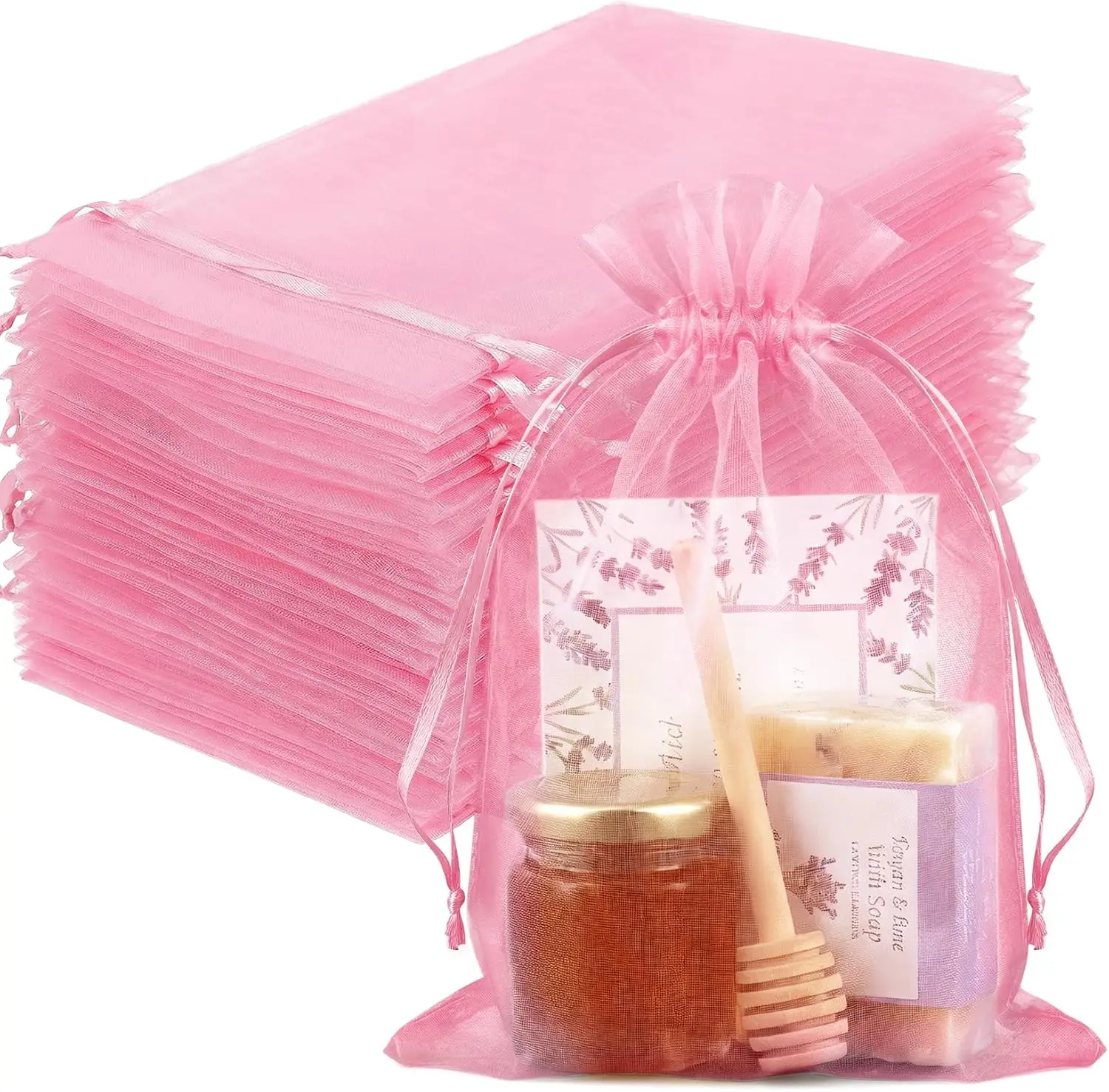 100Pcs Pink Organza Bags 6x9 in, Large Mesh Drawstring Gift Bag | Big Jewelry Bags for Wedding Party Favors,Large Drawstring Pou