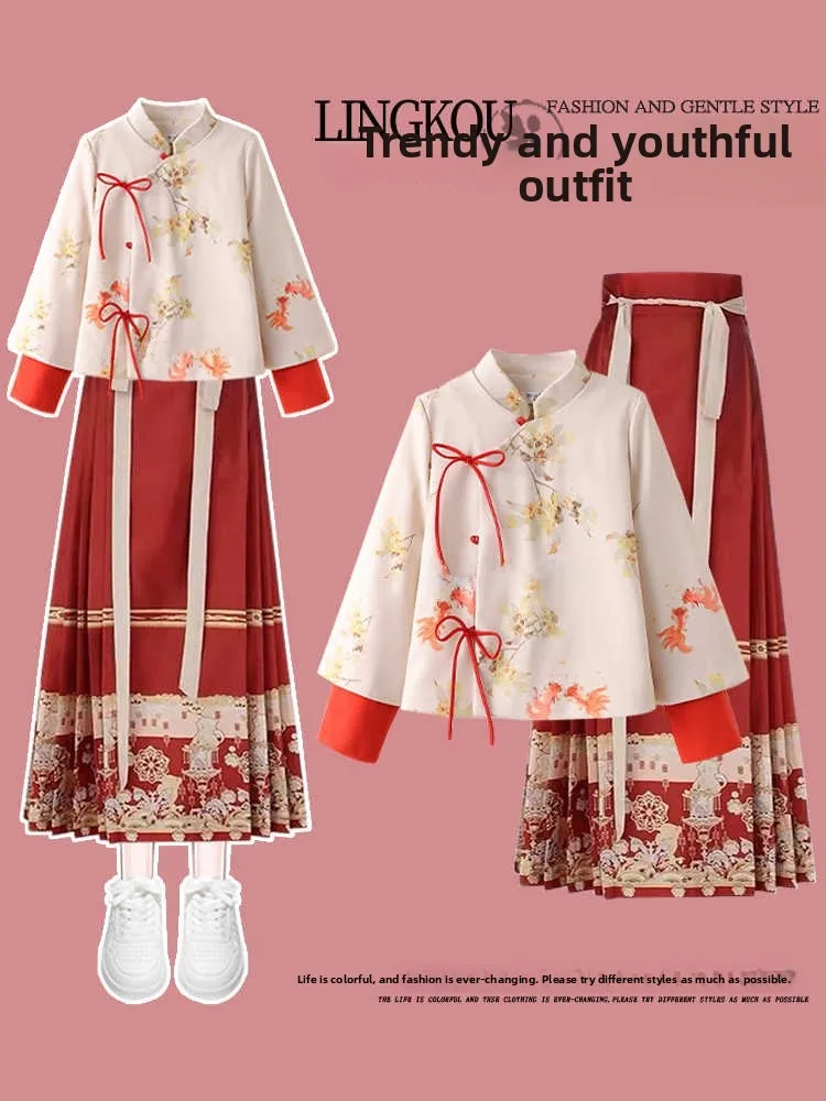 

Большие размеры, осенне-зимний женский наряд ханьфу, новый китайский комплект, юбка, юбка для лица, комплект из двух предметов, Ele Aosphere