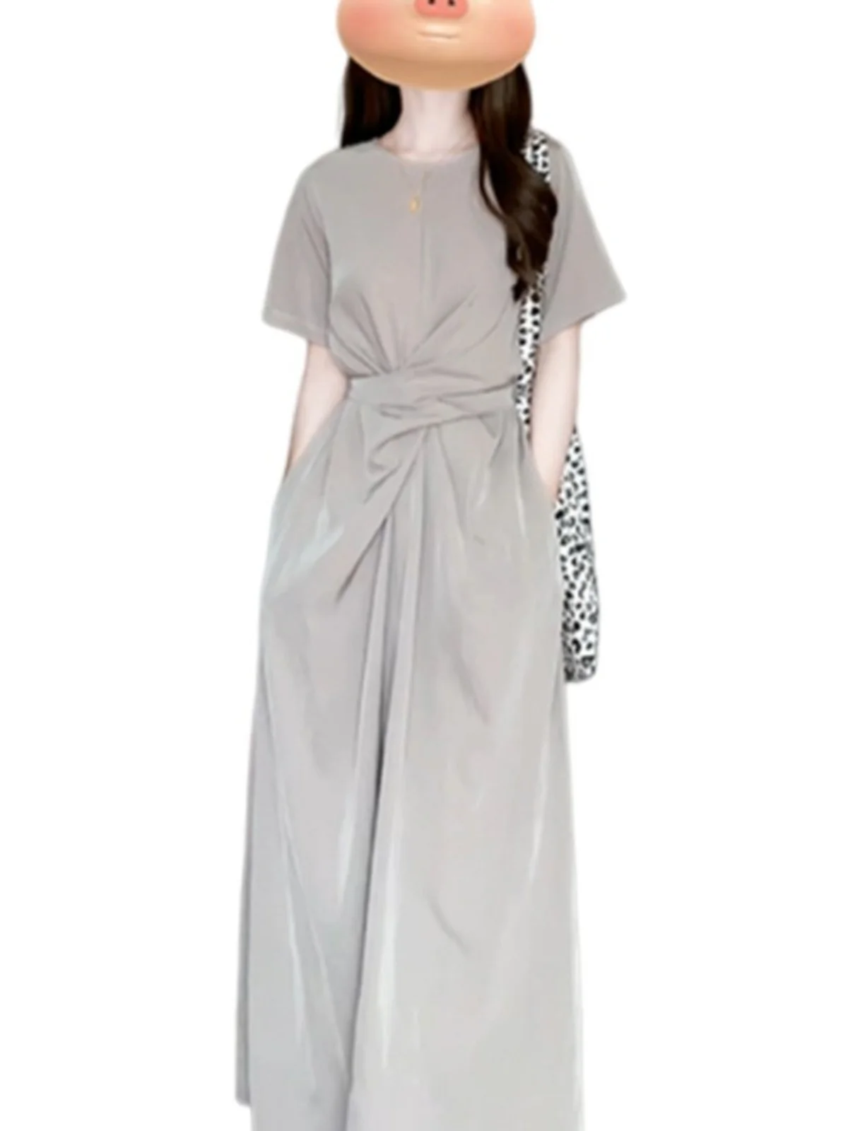 Korean Style Beautiful Knot Summer 2024 Women's Cross Waist A-Line Dress Tea Break Skirt High Waist Short Sleeve Long Dress