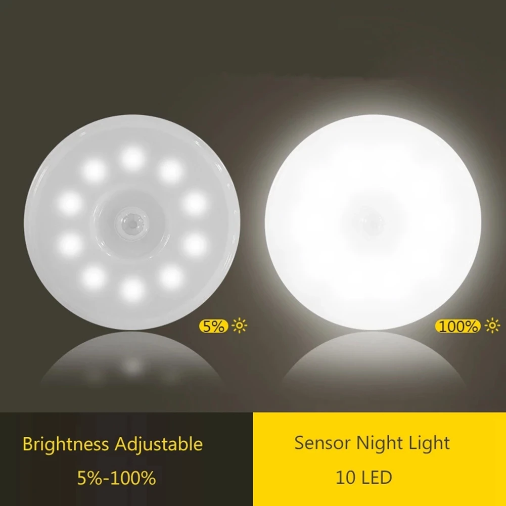 PIR Sensor de Movimento LED Night Light, USB Recarregável, Regulável, Lâmpada para Gabinete, Sem Fio, Armário, Branco