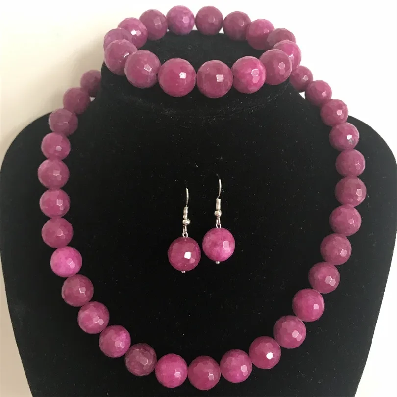 

Natural jade Stone Jewelry Sets Dreamlike Deep Red Beaded Necklace Earrings Braclet Chain Choker 45+7cm Bracelet 19cm