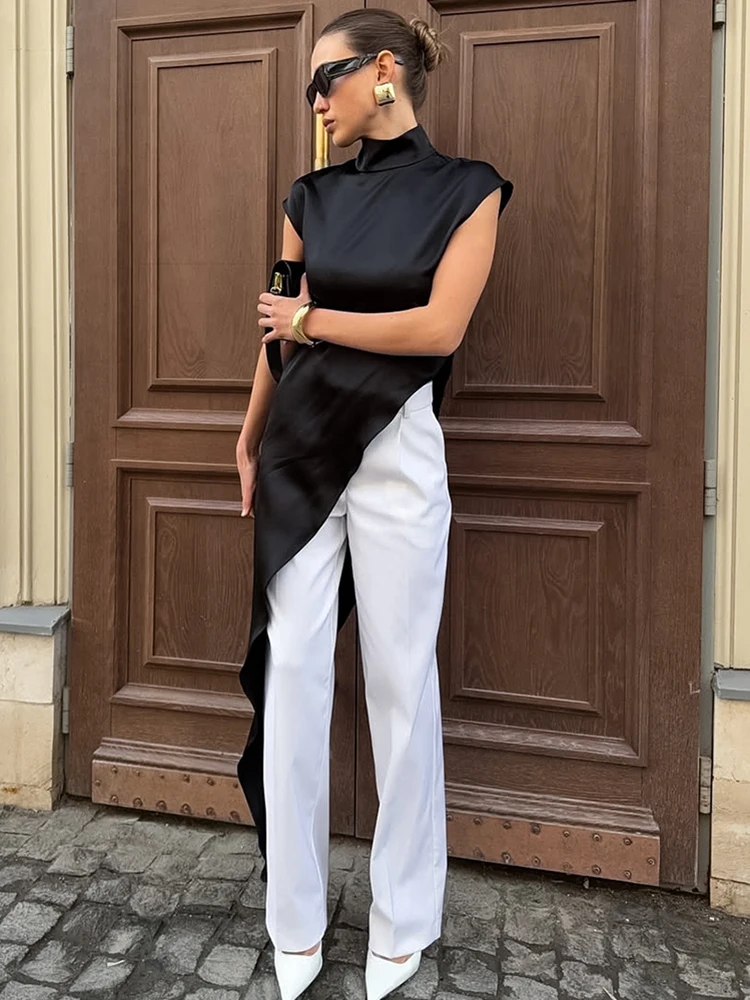 

Асимметричное черное платье без рукавов с высоким воротником, модный дизайн, женское платье в повседневном стиле, из полиэстера, с завышенной талией, А-силуэт