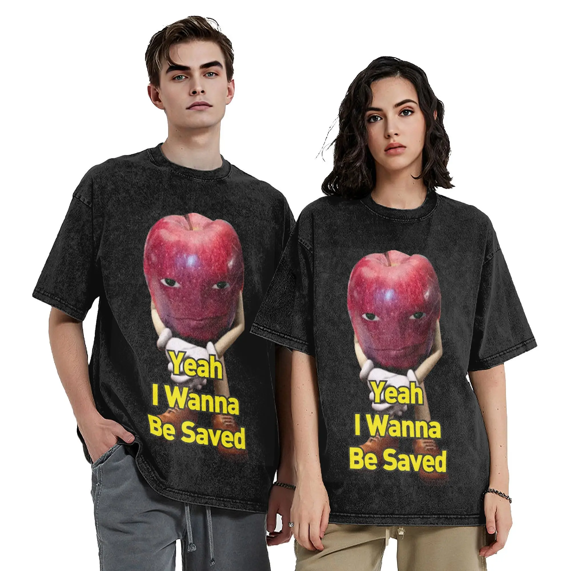 Ohio Rizz Apple I Wanna Be Saved Apple Meme Washed T Shirt Vintage Streetwear Men Women  Loose Tee T-Shirts Cotton