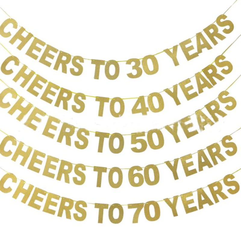 Gold Number Birthday Banner Cheers To 10 20 30 40 50 60 70 80 Years Old Letter Flag Anniversary Happy Birthday Party Decoration