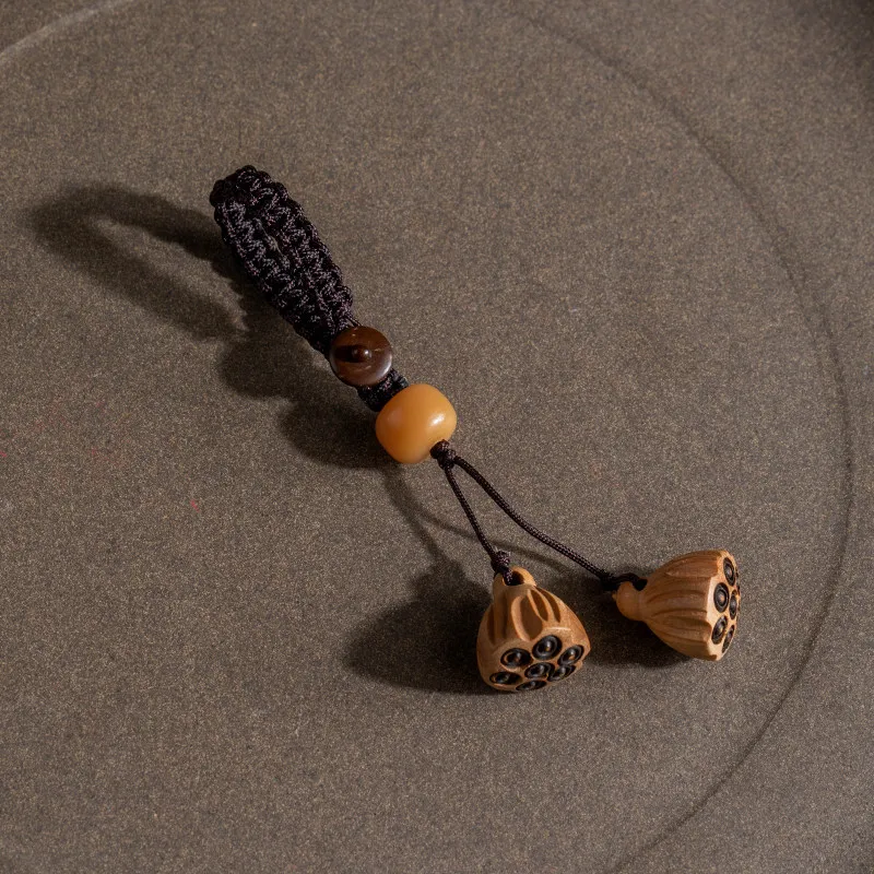 

Vintage Peach Wood Lotus Pod Phone Chain Pendant Keychain Bag USB Flash Drive Anti Loss Hanging Ornament for Women Gifts