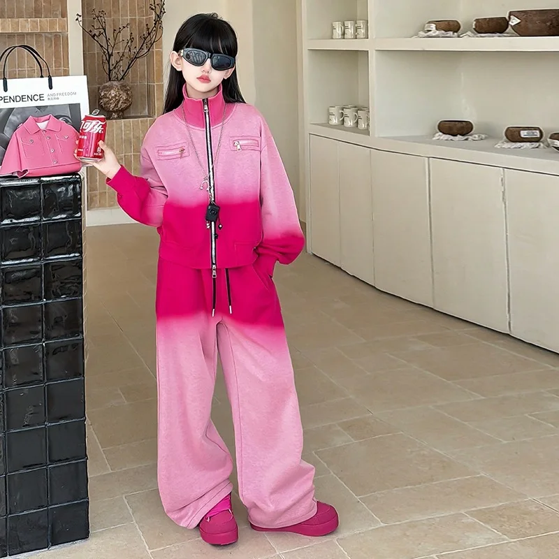 Teen Girls Clothing Set Spring FallFashion Dip Dyeing Jackets+Sweatpants Sports Outfits High Quality Child Gradient Tracksuits