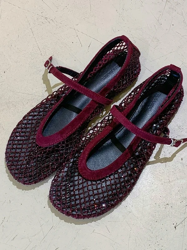 Elegantes Sandalias Planas Mary Jane de Malla con Hebilla y Punta Redonda para Mujer, Zapatos Ligeros con Suela de Goma para ...