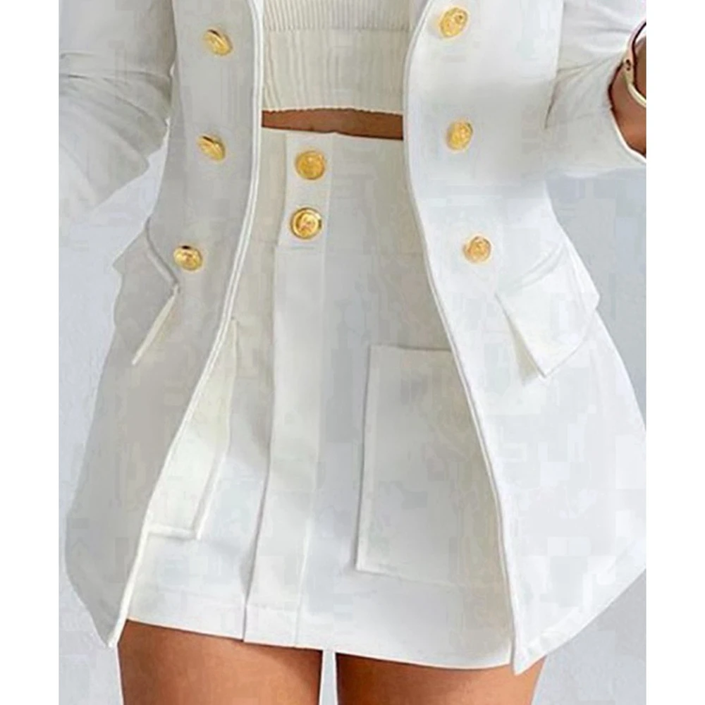 2024 Spring/Summer Female OL Style Slim Short Dress/Skirt & Blazer Coat Suit Sets Princess Sleeve Pocket Button Decr Short Sets