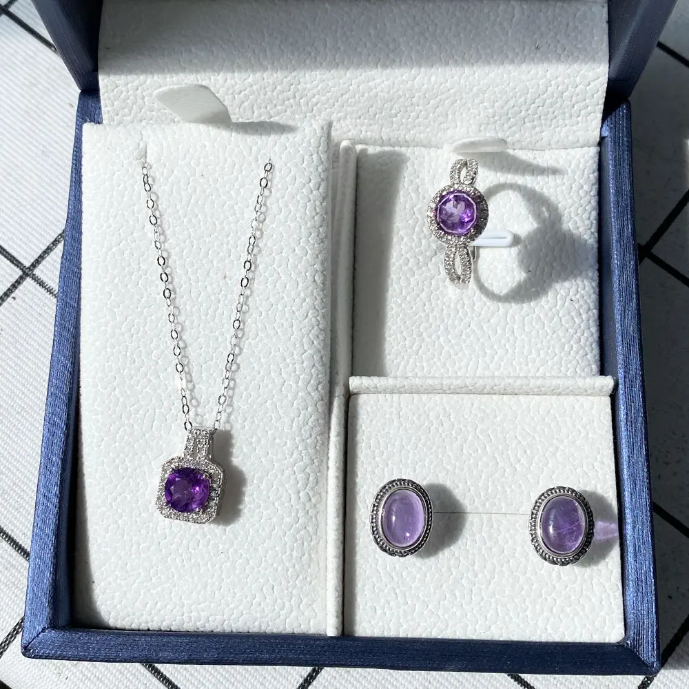 

Natural Amethyst 925 Silver Jewelry Set Gift Box Necklace Ring Earrings Party and Evening Dress Accessories Birthday Gifts