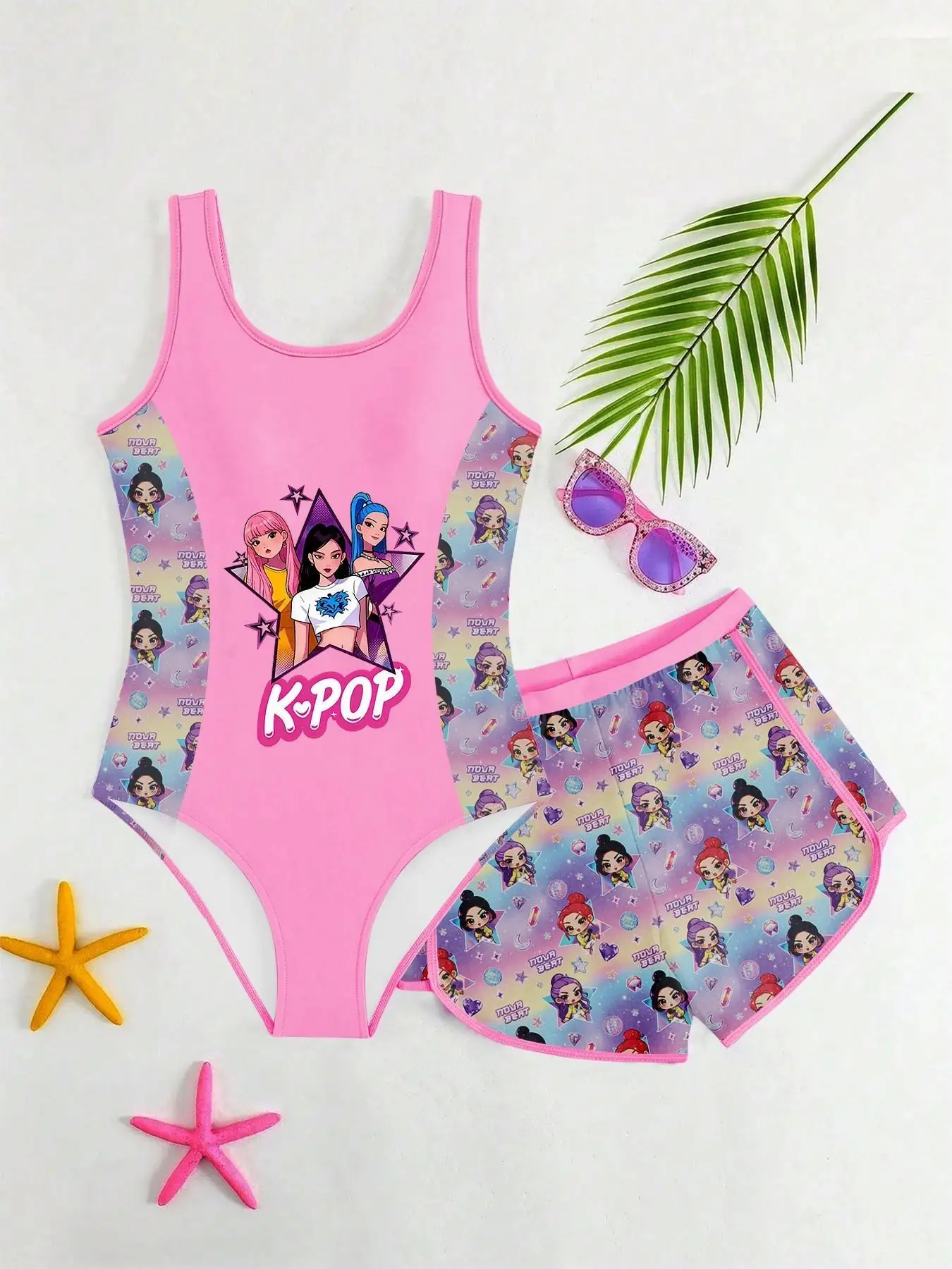 Girls' K-Pop style cartoon swimsuit set—a pink ombre two-piece featuring cartoon character prints; perfect for summer swimming a