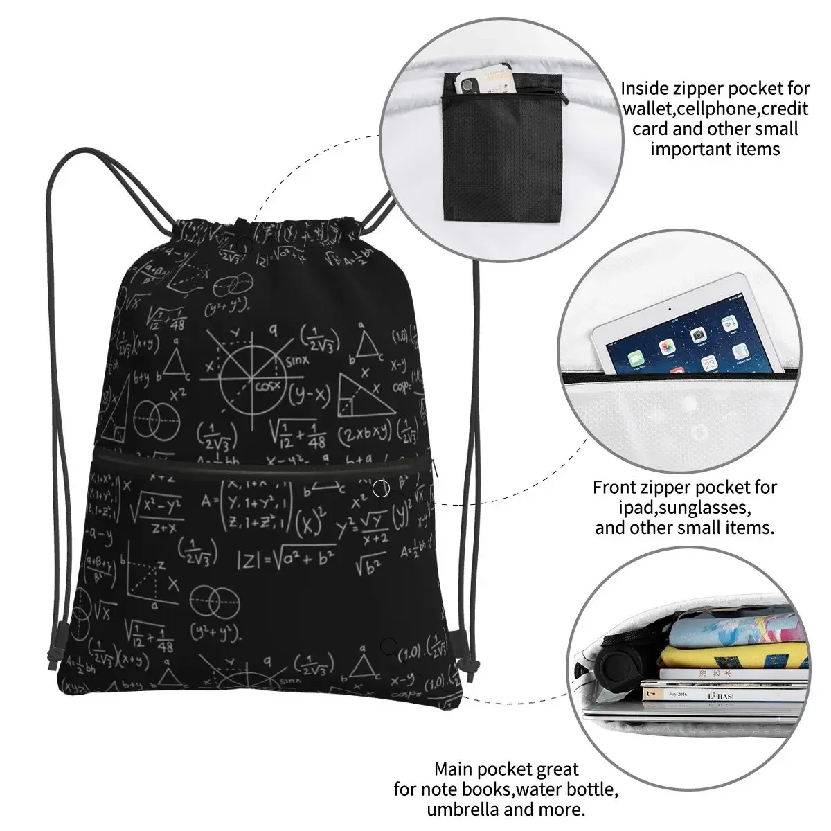 Tas ransel portabel Geek sekolah papan tulis formula matematika tas serut tas serut bundel saku serba-serbi untuk siswa sekolah