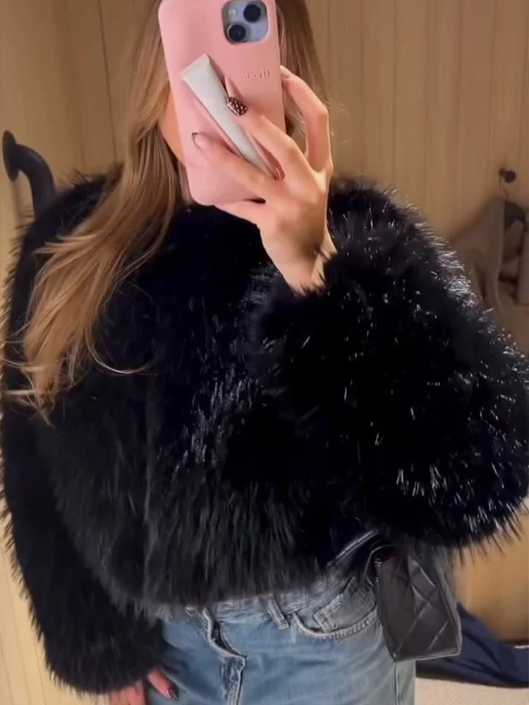 

HH Women Warm Casual Round Collar Solid Streetwear Short Top Winter Women's Long Sleeve Elegant Artificial Fur Effect Top