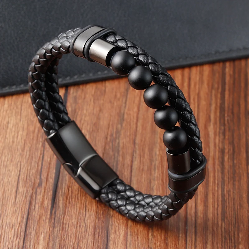 Men\'s Beaded Leather Bracelet Natural Stone Black Beads Multilayer Rope Stainless Steel Magnetic Clasp Wristband Male Jewelry