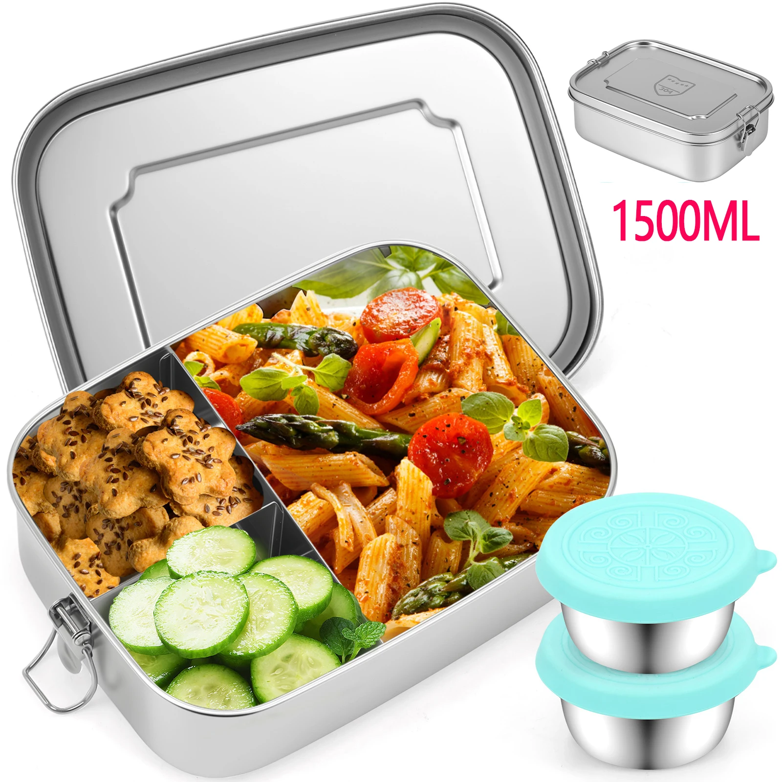 

Бенто-бокс из нержавеющей стали, металлический ланч-бокс, контейнеры для хранения еды, 1500 мл, 3 отделения, коробки для обеда и закусок для школьного офиса