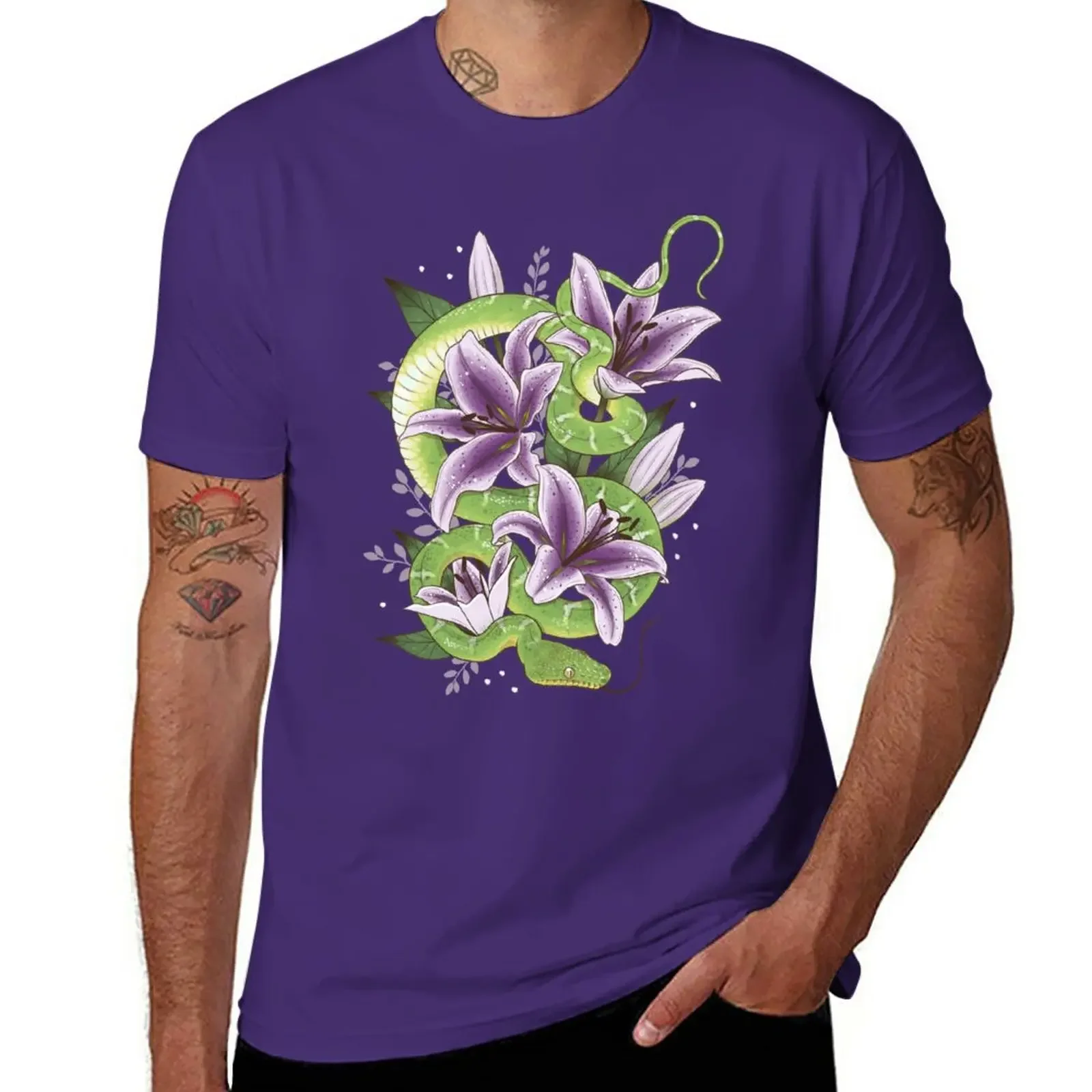 New Emerald Tree Boa with Purple Stargazer Lilies T-Shirt Short sleeve Short t-shirt funny t shirts for men