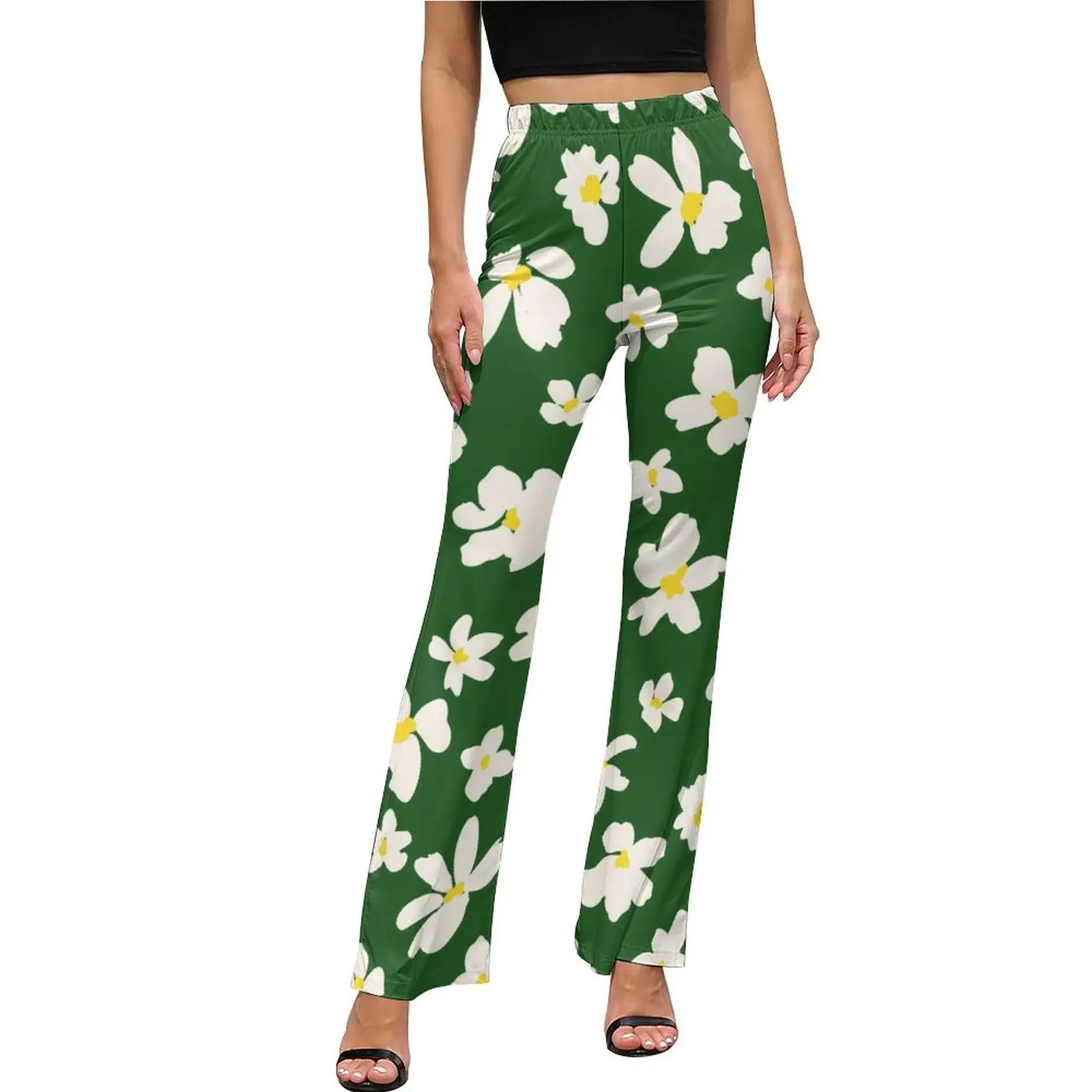 

Daisies Floral Print Casual Pants Summer White Flowers Elegant Design Flared Trousers Elastic Waist Slim Stretch Aesthetic Pants