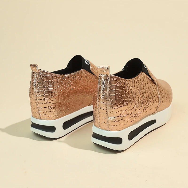 Modische Damen Metallic-Krokodil-Textur Slip-On Versteckter Keilabsatz Plateau-Schuhe Damen Höhenverstärkende Casual Walking Loafers Sneakers – Detail 19