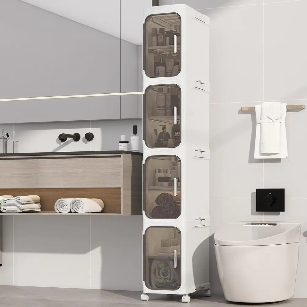 

4-Tier Slim Foldable Bathroom Cabinet, Narrow Movable Storage Organizer White for Bathroom Kitchen Laundry