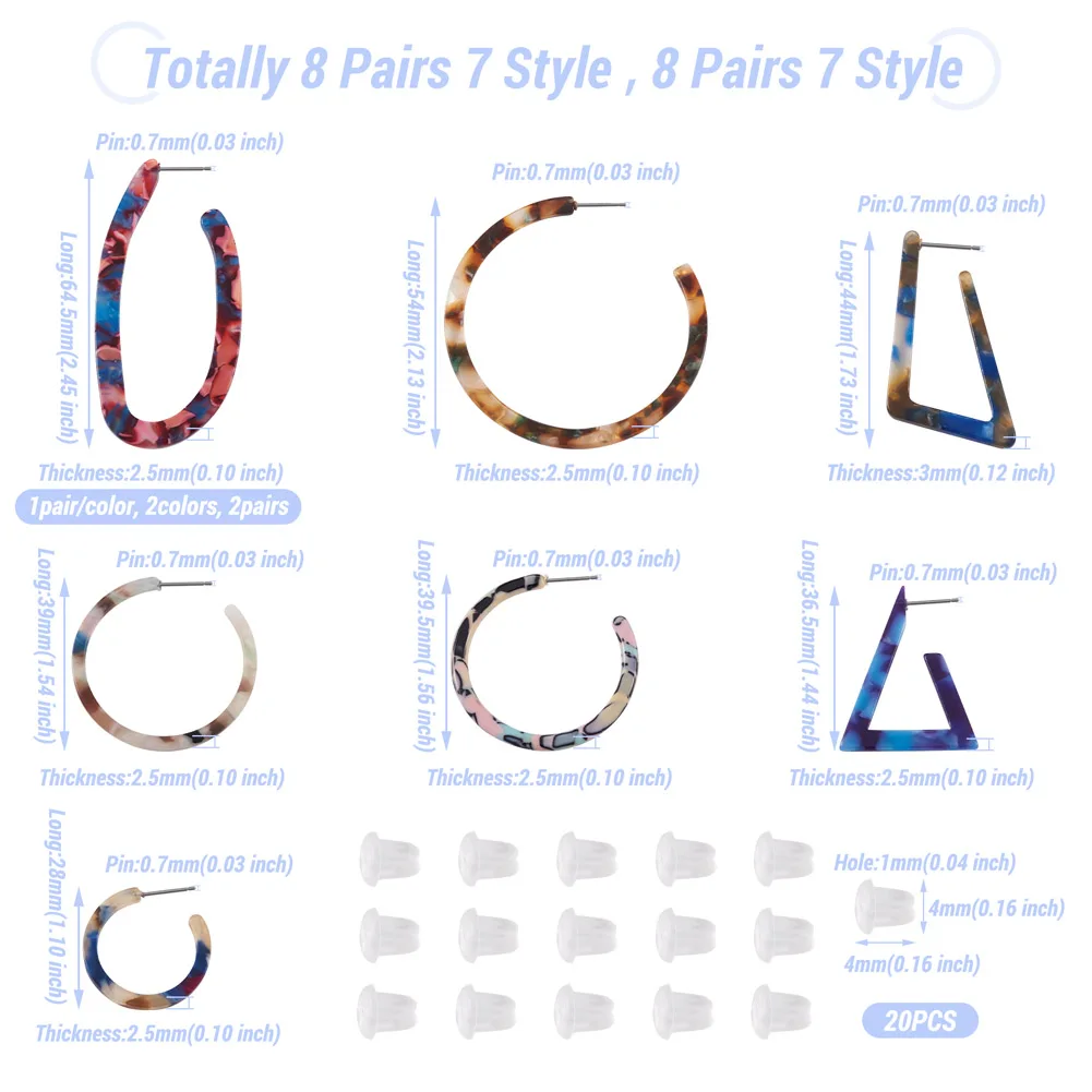 Kissitty 7 Style Mixed Color Cellulose Acetate Half Hoop Earrings For Women With Plastic Ear Nut Handmade Earring Supplies Kit