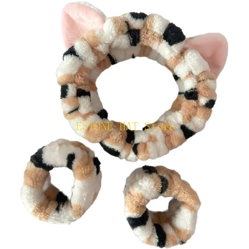 49MF Soft and Absorbent Kitten Ear Headband with Wristbands for Daily Skincare and Makeup Removal Soft Plush