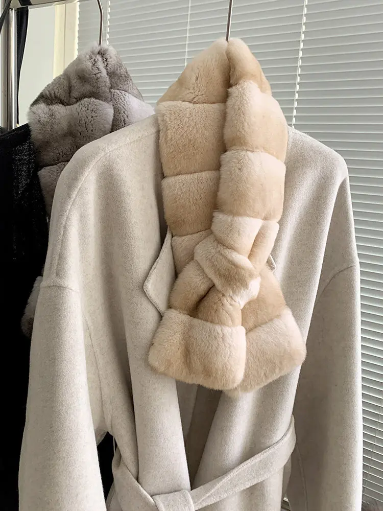 Real Rex Rabbit Fur Scarf for Women Chinchilla Color Cross Pattern Warm And Stylish Neck Warmer Soft Winter Collar