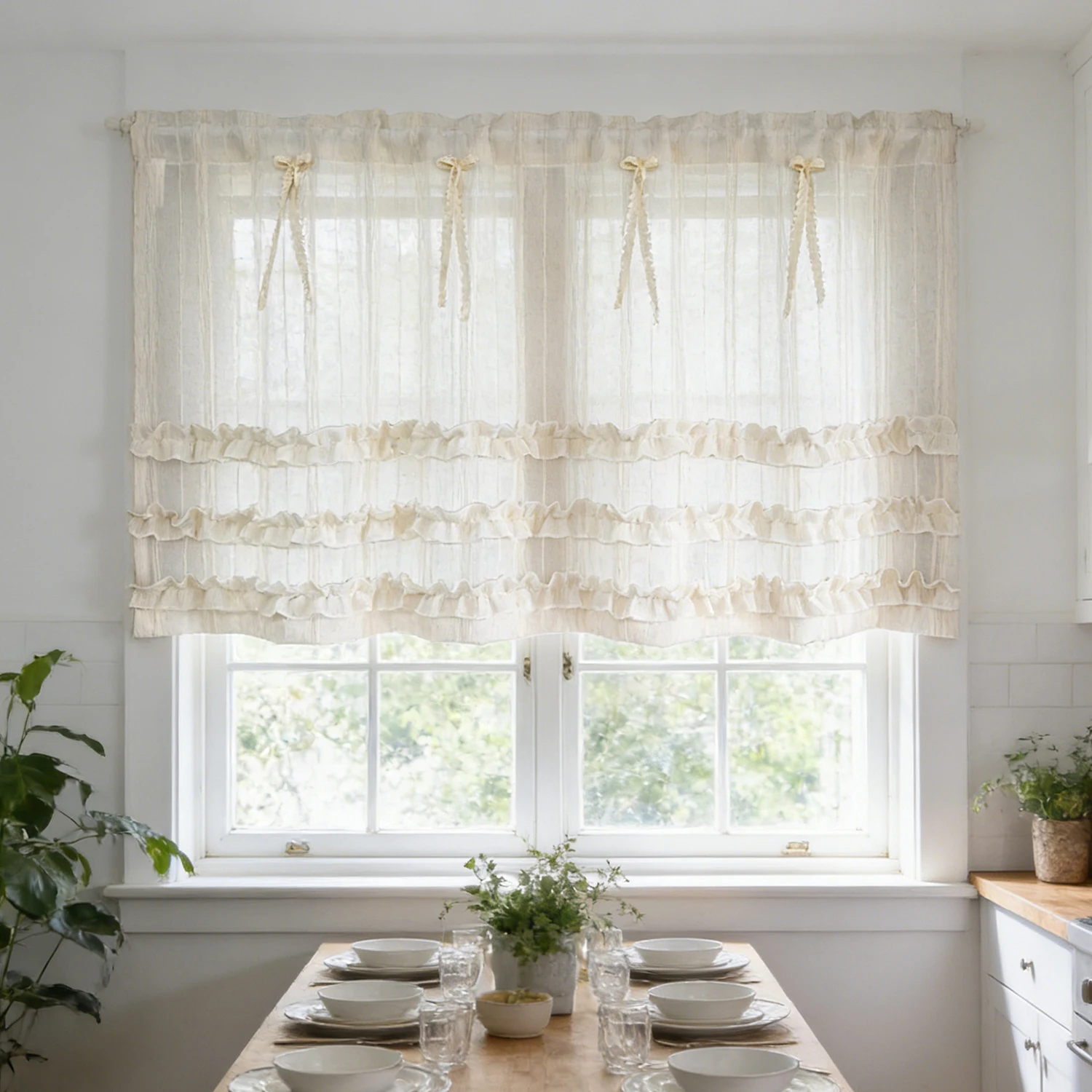 

Retro Ruffled Semi Transparent Curtains with Bow Ribbons, for Kitchen Window Half Curtains, Doorway Curtain, Rustic Home Decor