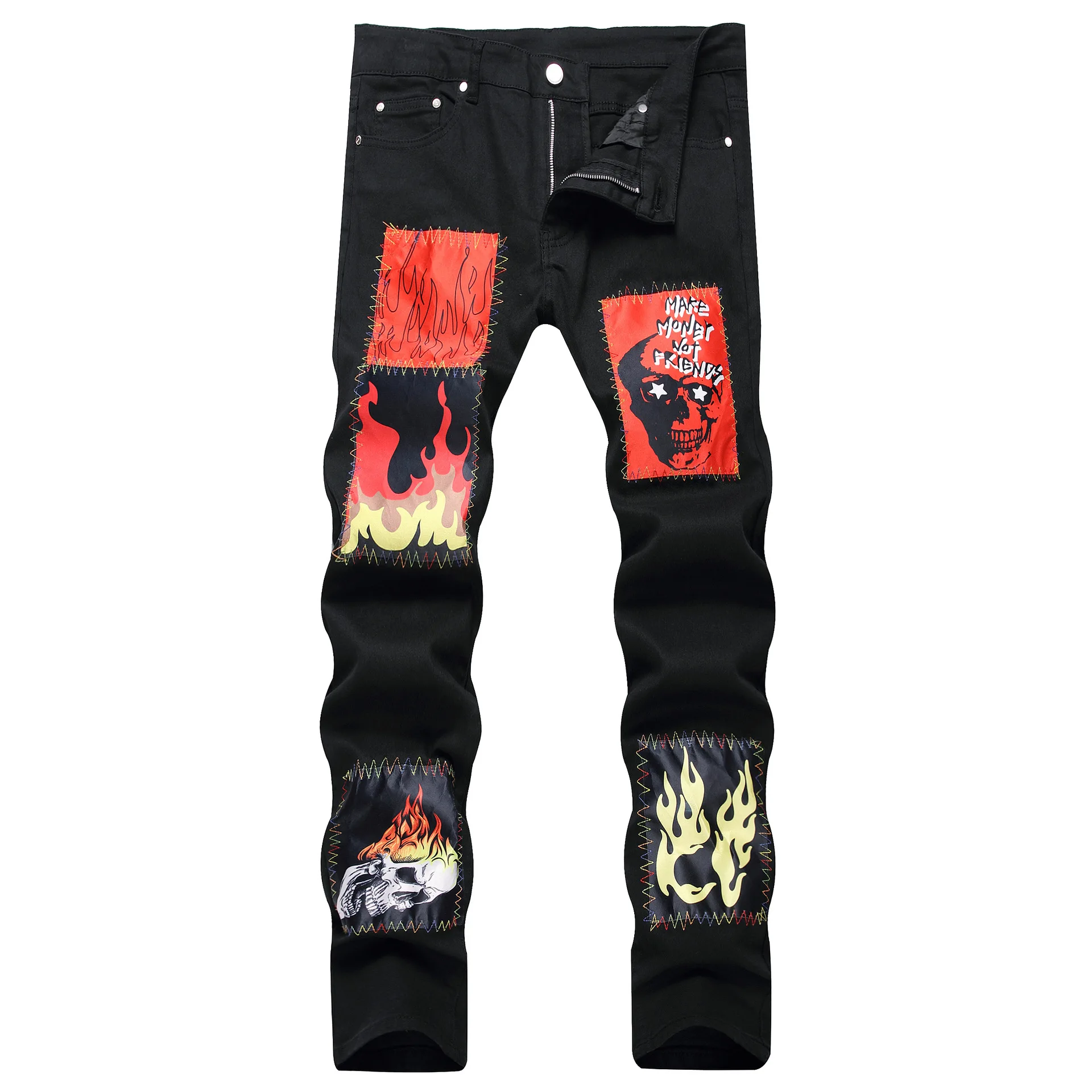 Warm Jeans Men\'s Skull Embroidery Large Pocket Graffiti Scratched High Elastic 3D English Zipper Slim Fit Pants Soft Cotton 2024