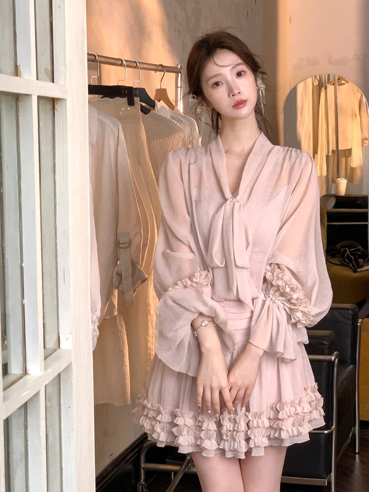 Ele  Knot Dr with Lace Trim Flower Bud ort Skirt Gentle Personali High Waist A-Line Silhouette Spring Sum...