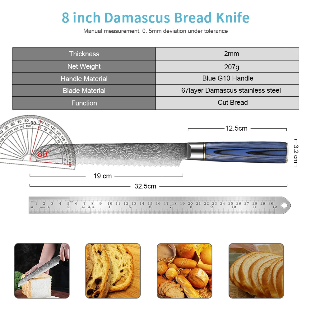 8 Inch Serrated Bread Knife Ultra Sharp Bread Cutting Knife Damascus Stainless Steel Cake knife Ergonomic Handle Easy to Use