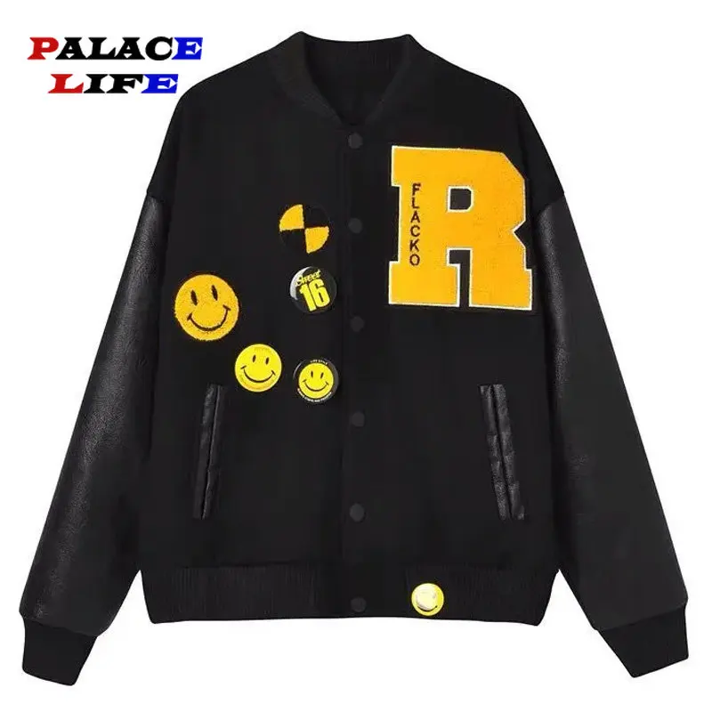 Men Oversized Baseball Jacket Letter Flocking Embroidery Black Coat High Street Stand Collar Couple Casual Clothes 2023 Spring