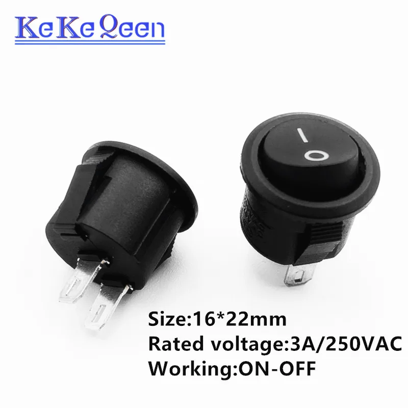 10PCS KCD1-105 16mm/23mm 3A/250V  Diameter Round Boat Rocker Switch On-Off Snap SPST Black 2Pin Power Switch Push Button Switch