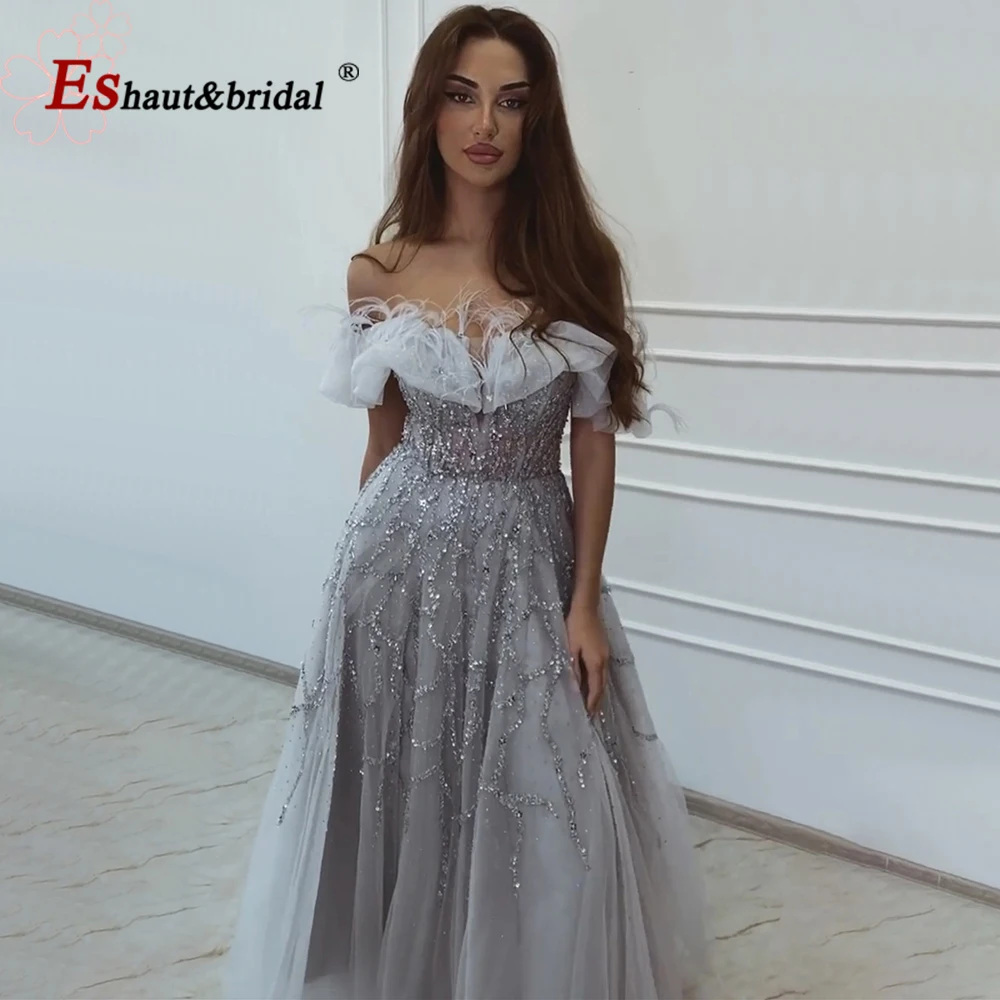 

Elegant Grey Beads Feathers A-Line Evening Night Gown 2023 Sequin Off the Shoulder for Women Formal Prom Wedding Party Dresses